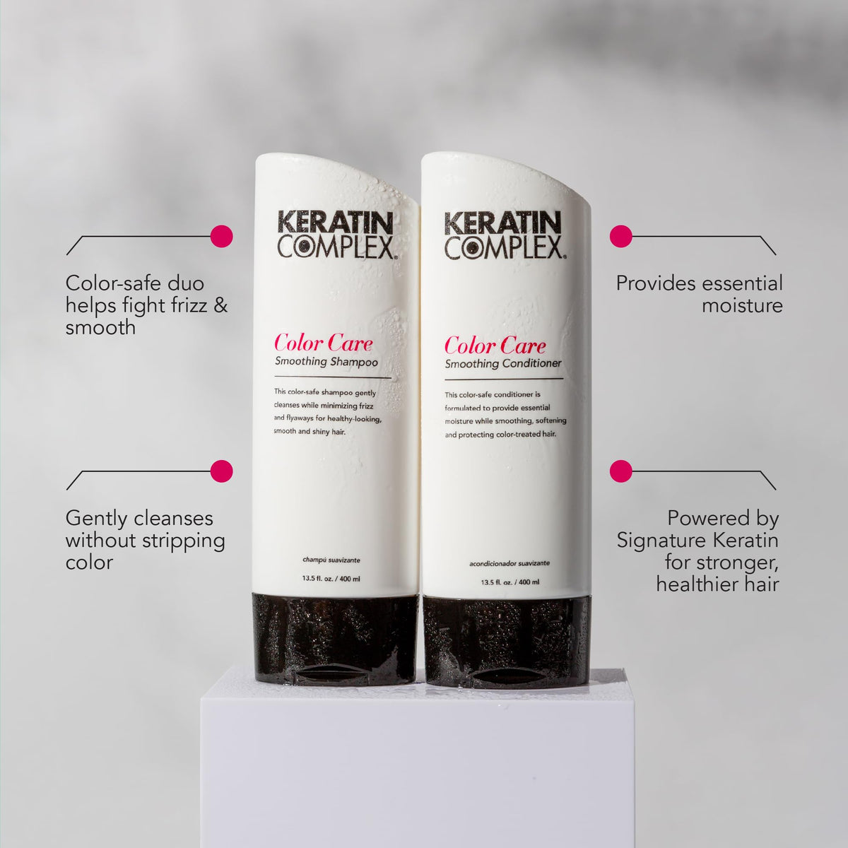 Keratin Complex shampoo lather texture on palm, shows gentle cleansing action