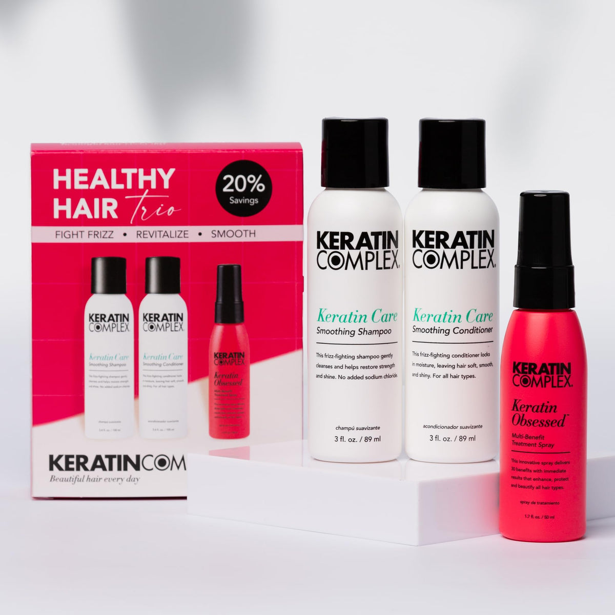 Keratin Complex shampoo and conditioner close-up displaying texture and smooth finish benefits