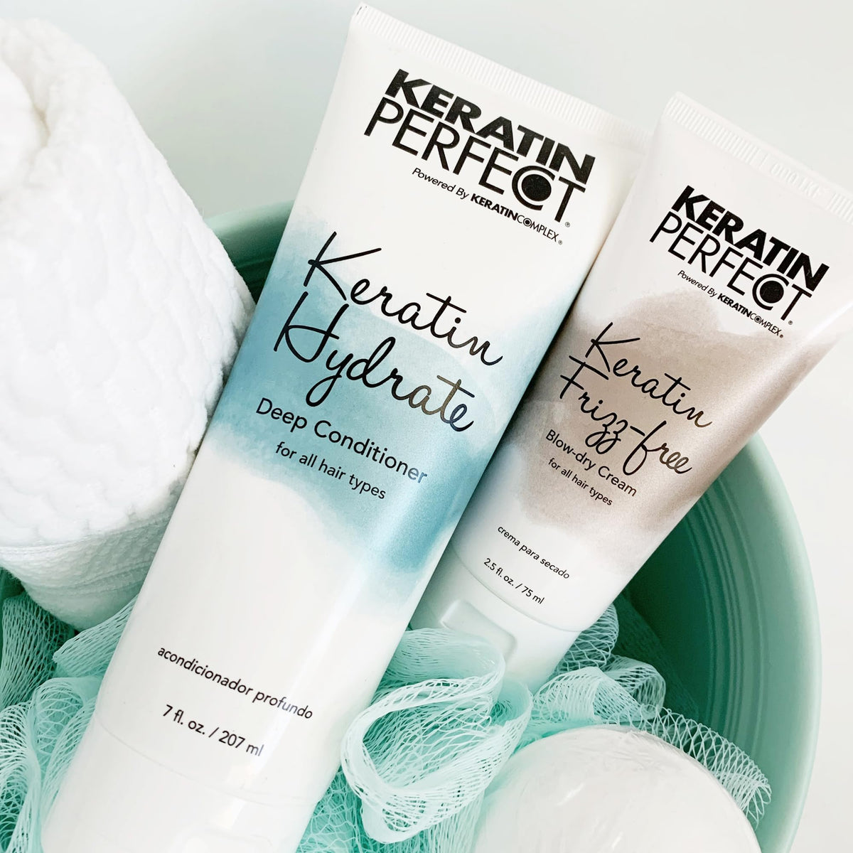 Keratin Perfect on bathroom counter in lifestyle scene suggesting everyday salon-quality styling