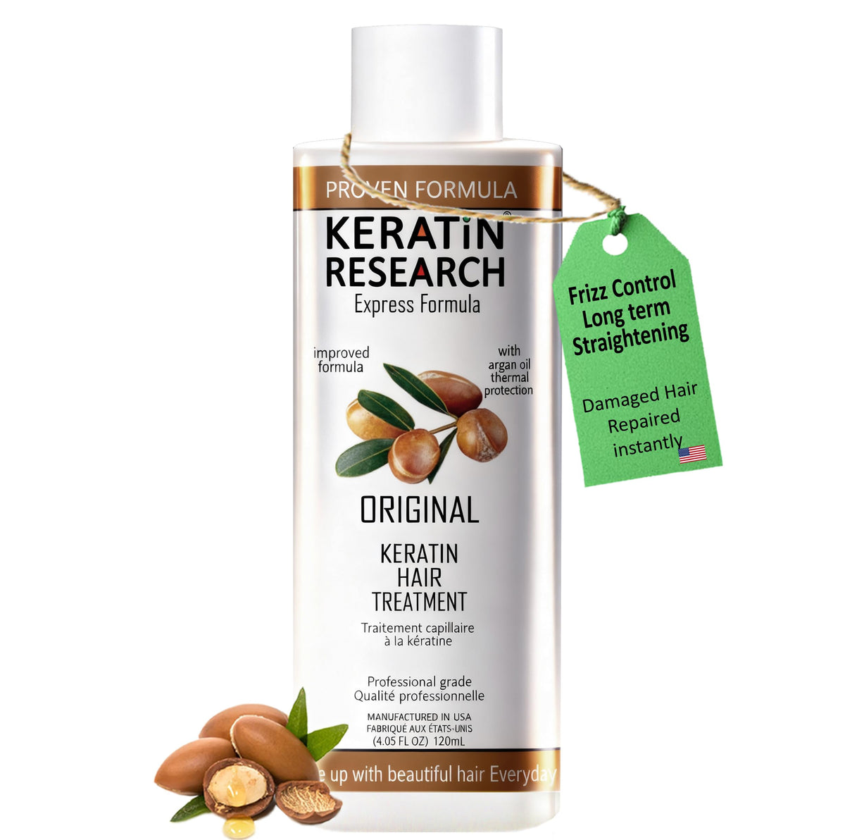 KERATIN RESEARCH front packaging showing treatment bottle and benefits