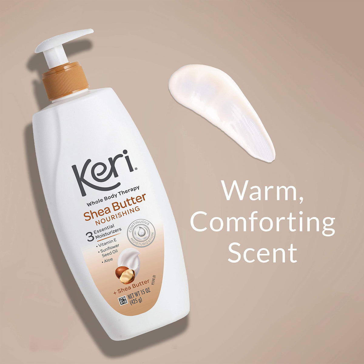 Keri 15 oz bottle next to common items for scale, convenient full-body supply