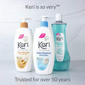 Keri product label close-up listing shea butter, Vitamin E, aloe and sunflower oil benefits