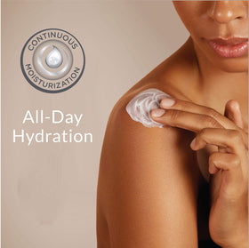 Keri lotion texture close-up showing creamy pour and absorption, provides deep moisture