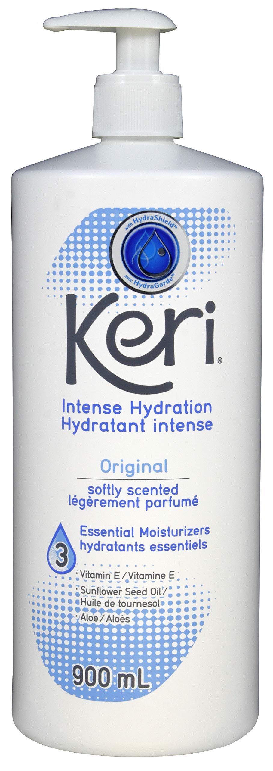 Keri bottle front label showing 900 ml and brand benefits
