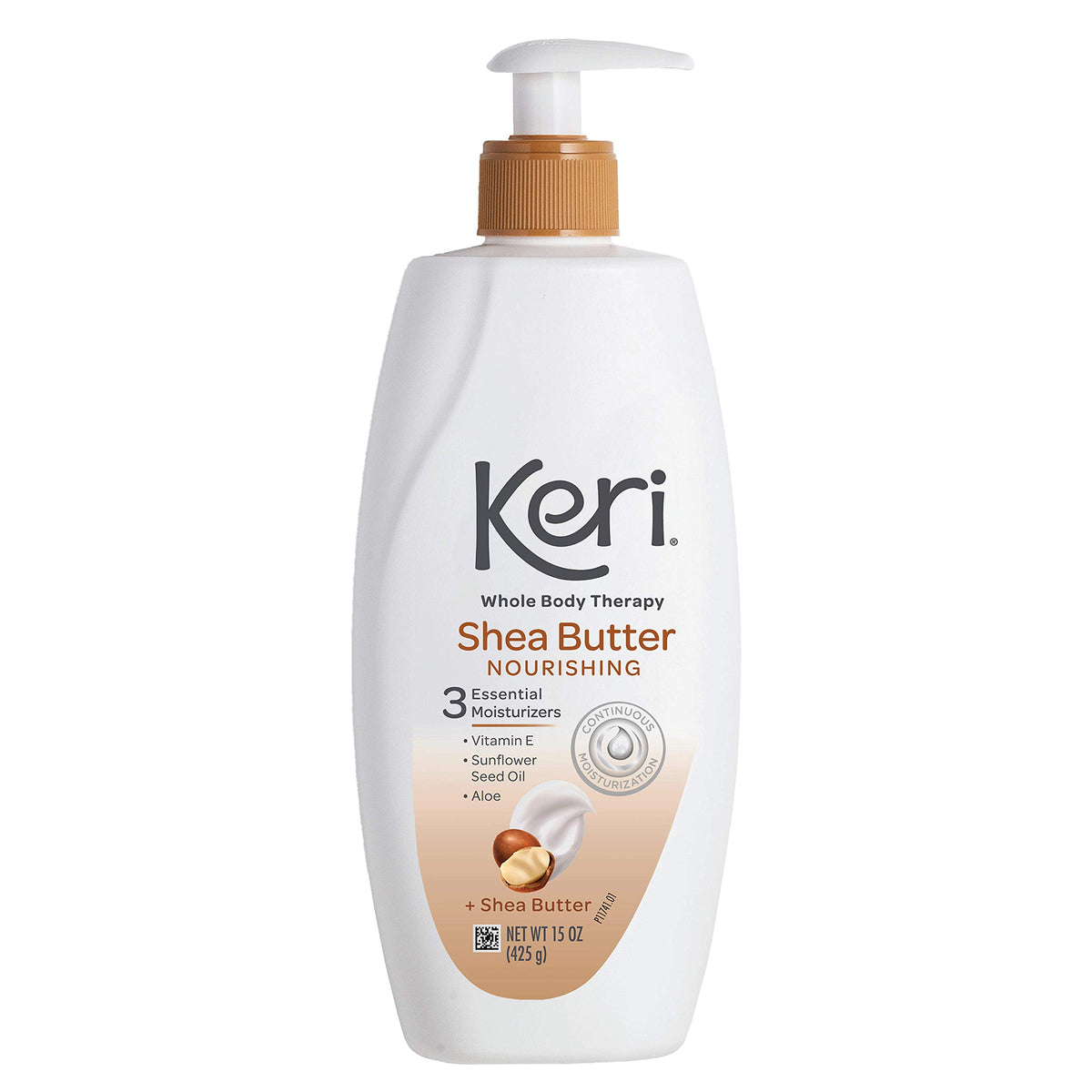 Keri shea butter lotion front packaging showing 15 oz bottle and logo, hydrates skin