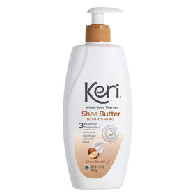 Keri shea butter lotion front packaging showing 15 oz bottle and logo, hydrates skin
