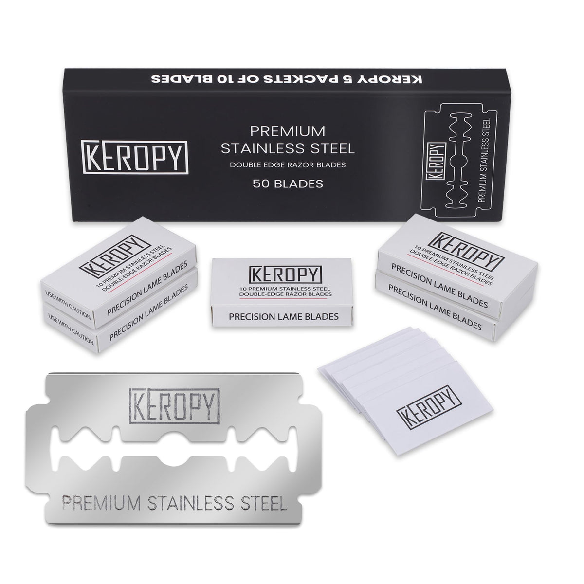KEROPY front packaging showing 50 blades and travel-ready design