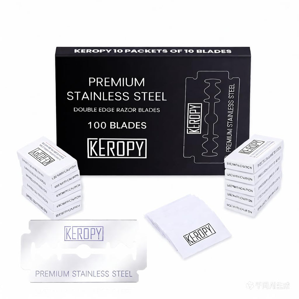 Keropy front packaging showing 100 blades and brand, perfect for long-term shaving supply