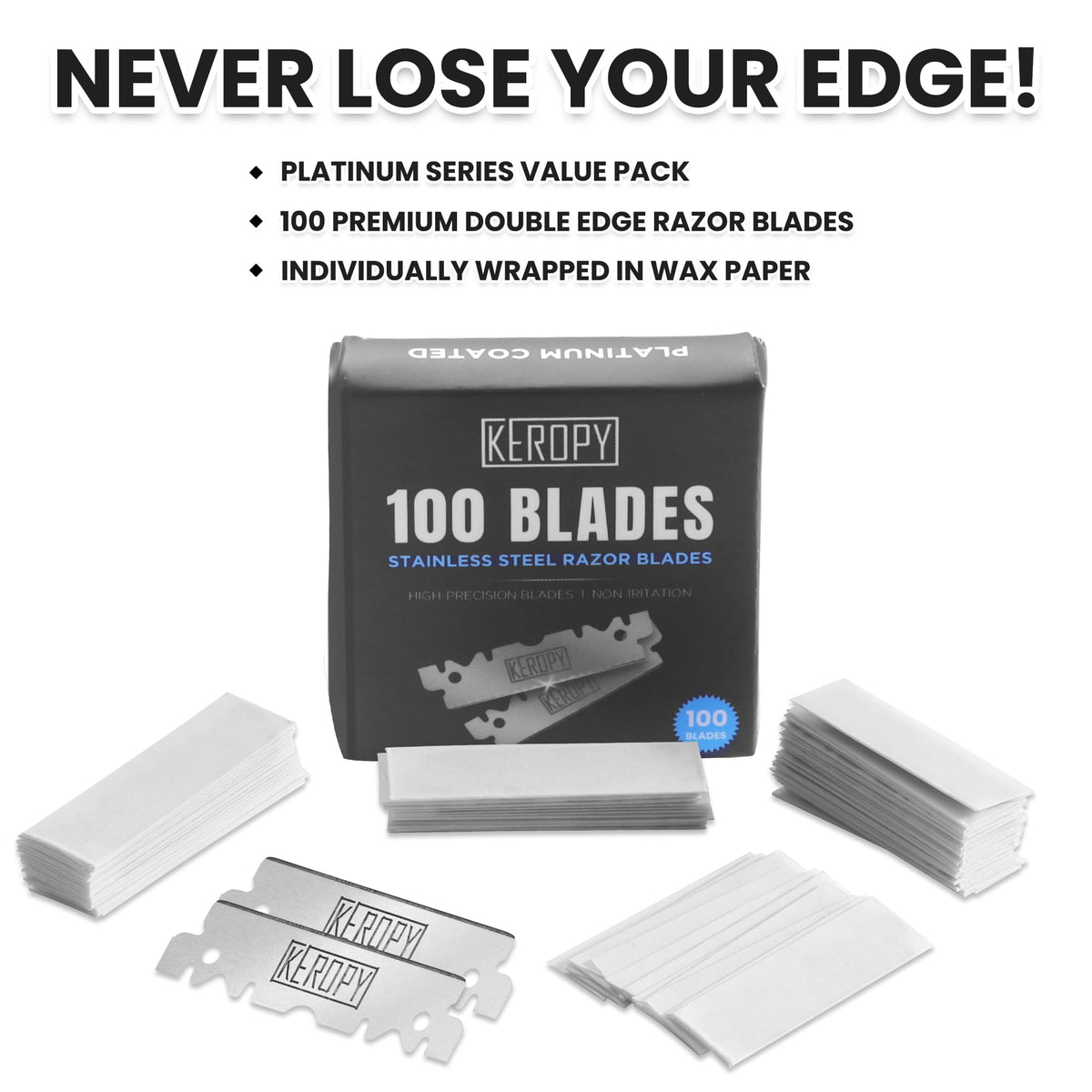 Keropy single blade close-up highlighting precision edge for smooth shaving