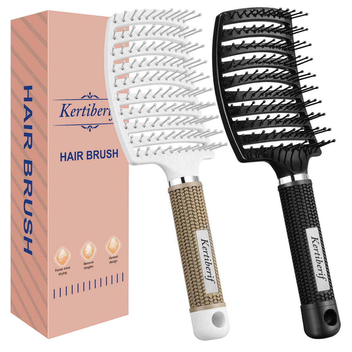 Kertiberif front view of two paddle brushes showing vents and shape, speeds drying
