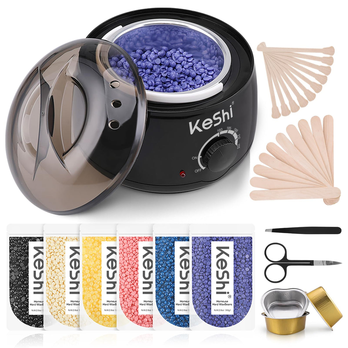 KeShi kit contents laid out to show scale and everything included for home waxing