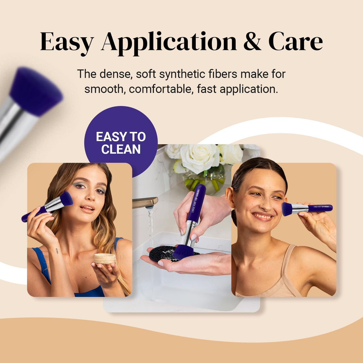 KESHIMA applying liquid foundation to face, buffing for even finish and buildable coverage