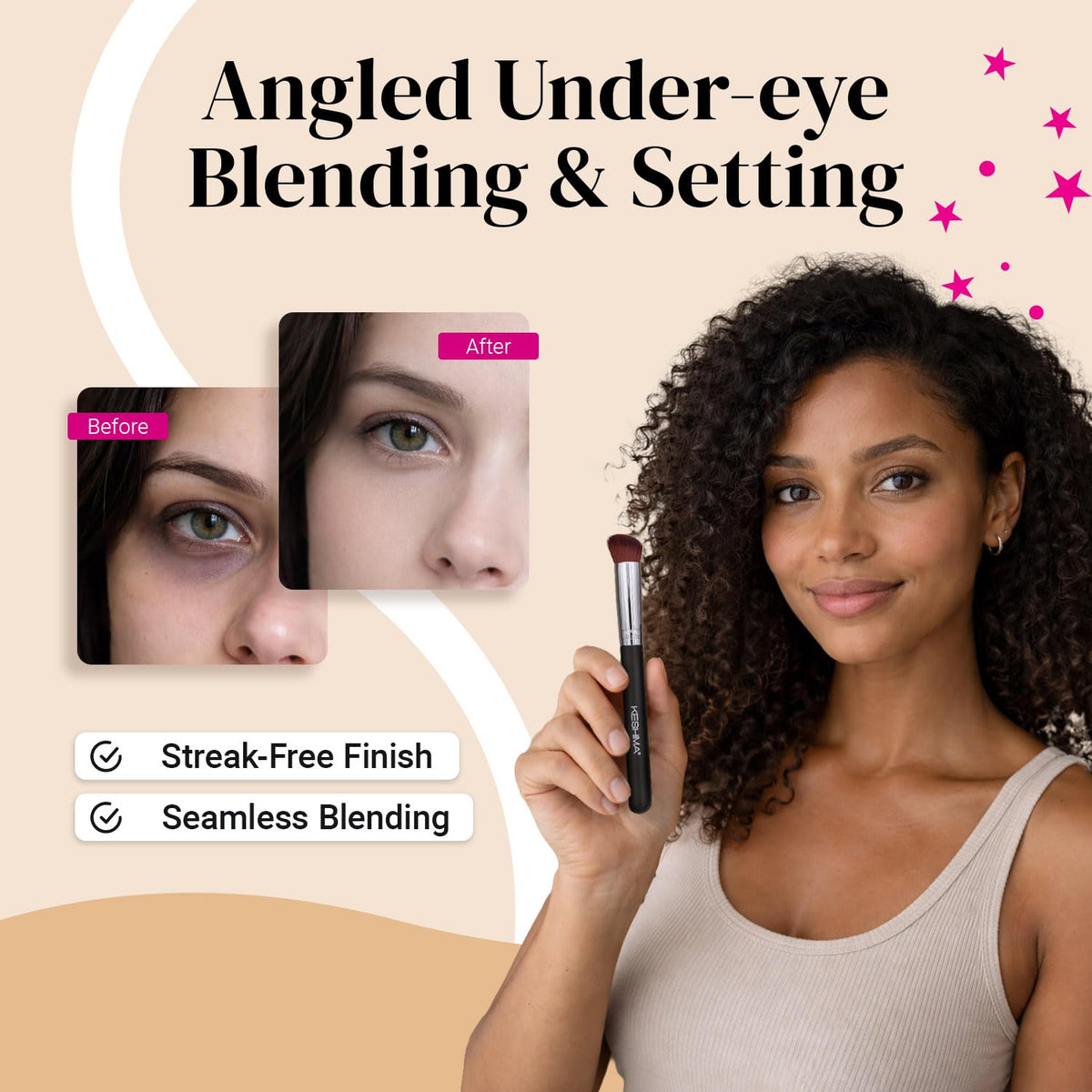 KESHIMA brush next to concealer and powder illustrating compatibility with multiple formulas