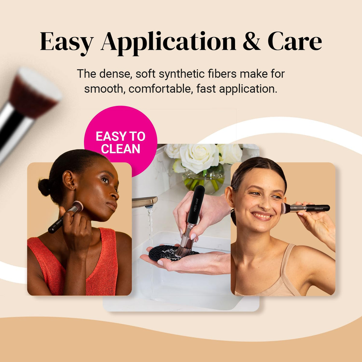 KESHIMA applying liquid foundation demonstrating streak-free blending benefit