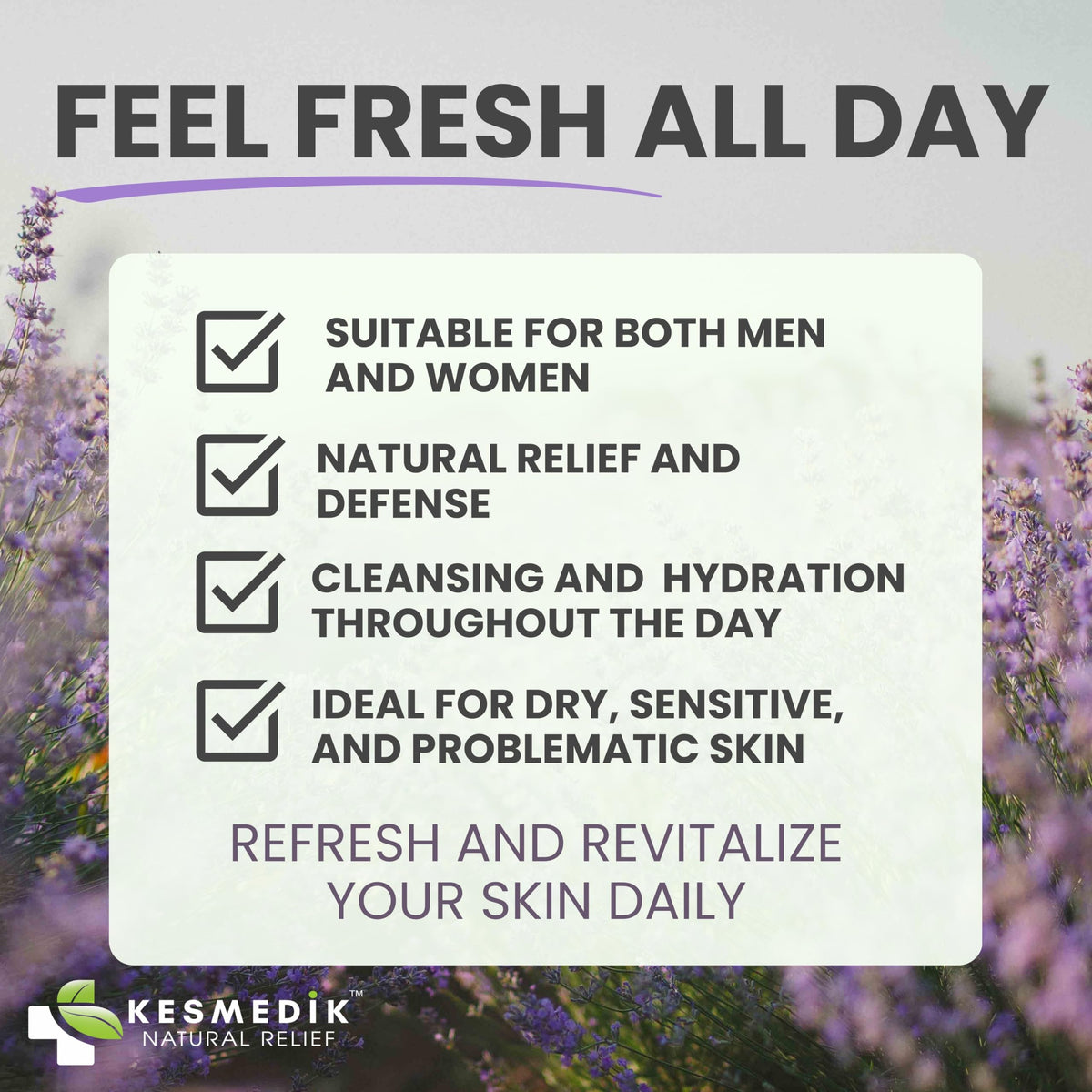KESMEDIK bottle beside tea tree and lavender sprigs, emphasizes botanical ingredients