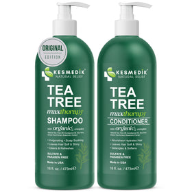 KESMEDIK bottles styled on bathroom shelf conveying daily routine and clean storage