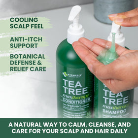 KESMEDIK in-shower use on wet hair illustrating scalp soothing and refreshing feel