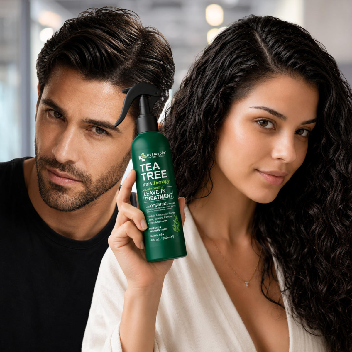 KESMEDIK being sprayed on tangled hair to aid detangling