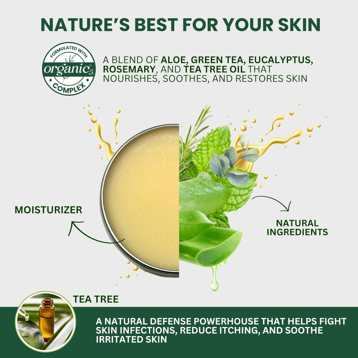 KESMEDIK jar label close-up showing organic tea tree oil claim