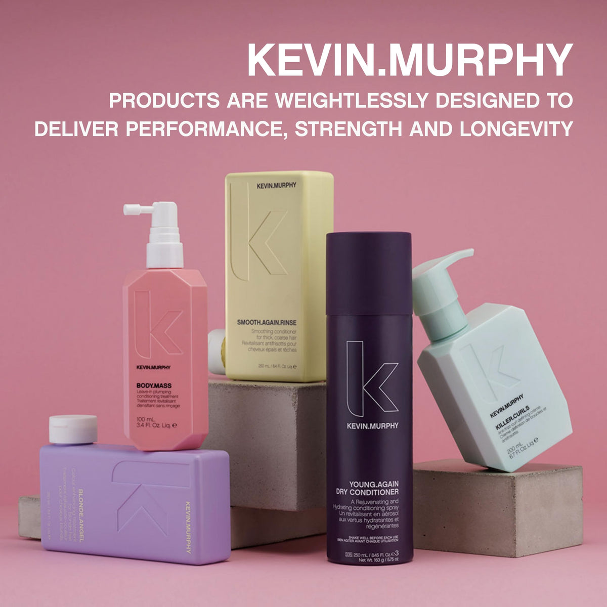 KEVIN.MURPHY on bathroom shelf styled for at-home salon look