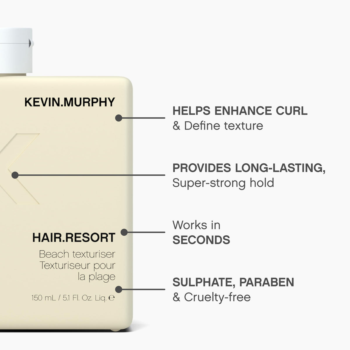 KEVIN.MURPHY HAIR.RESORT bottle held in hand to show compact travel-friendly size and ease of use