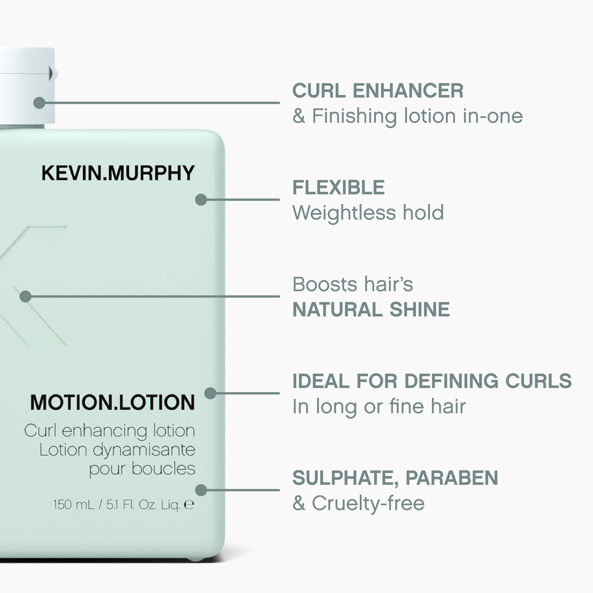 KEVIN.MURPHY 50ml bottle in hand to show MOTION.LOTION compact travel-friendly size