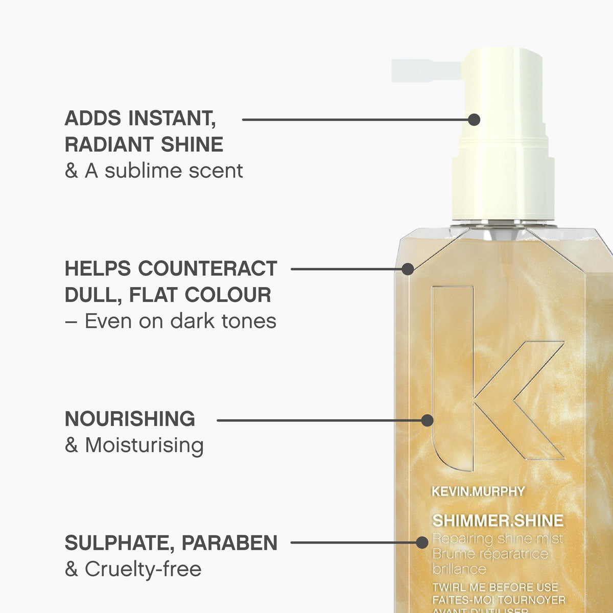 KEVIN.MURPHY mist being applied to dry hair for instant radiance