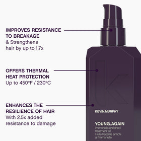 Stylist applying KEVIN.MURPHY oil before blow-drying to reduce frizz and shield from heat damage