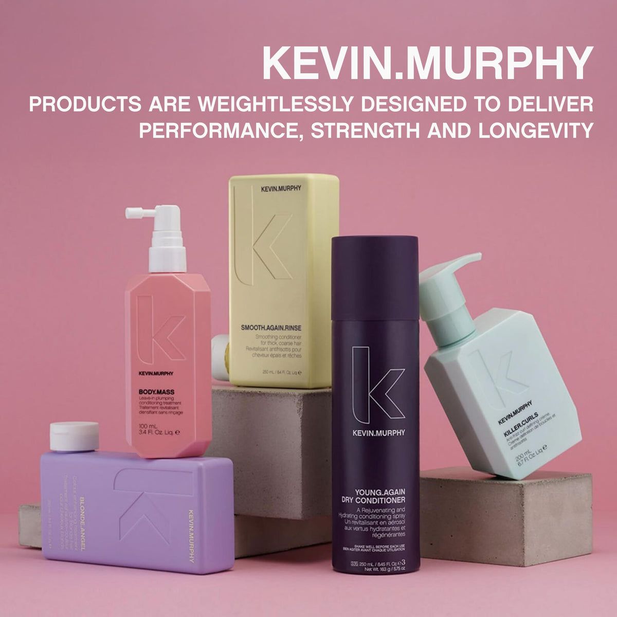 KEVIN.MURPHY bottle next to ruler showing 250ml scale and travel-friendly benefit
