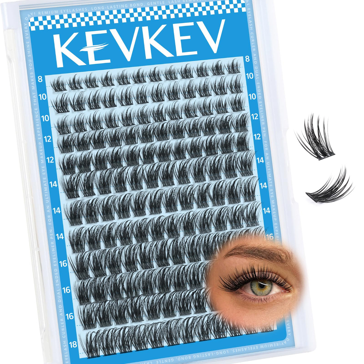 KevKev front packaging showing 144-piece lash cluster set for versatile looks