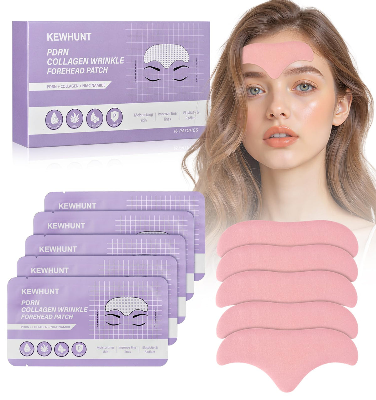 Kewhunt package front view showing 16 forehead patches and product name benefits
