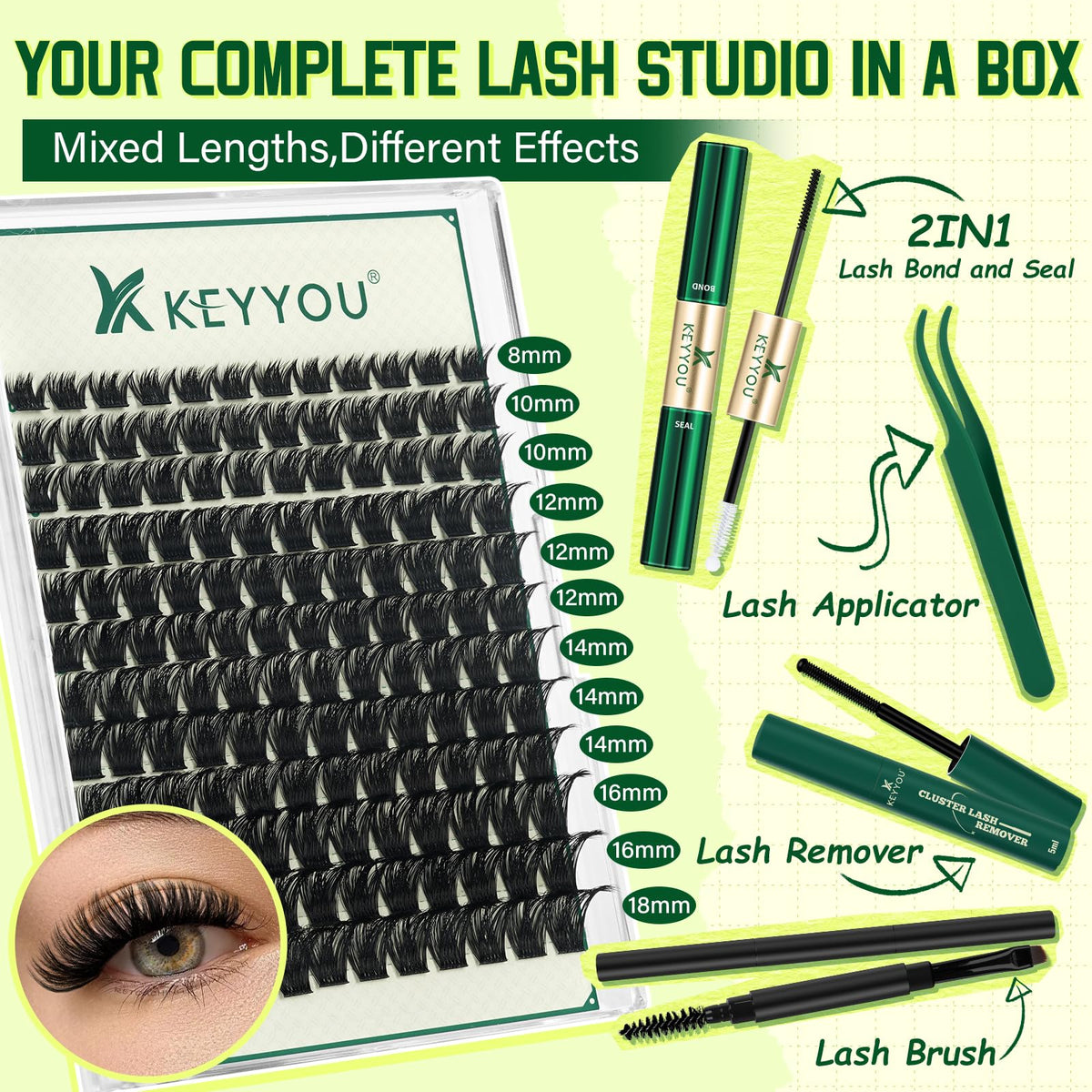 KEYYOU applicators and tweezers displayed for precise DIY lash placement