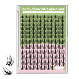 KEYYOU front packaging showing 144-piece fairy lash cluster kit and clear band benefit