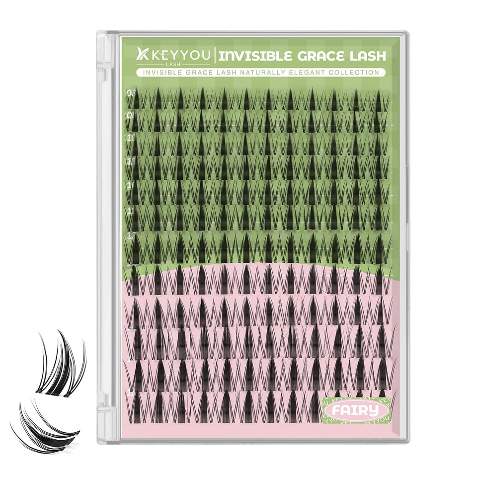 KEYYOU front packaging showing 144-piece fairy lash cluster kit and clear band benefit