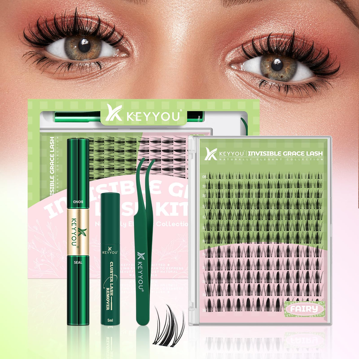 KEYYOU kit front packaging showing 144 D-curl clusters and accessories for easy at-home use