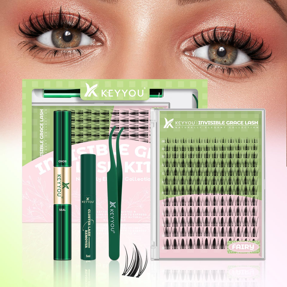 KEYYOU kit front packaging showing 144 D-curl clusters and accessories for easy at-home use