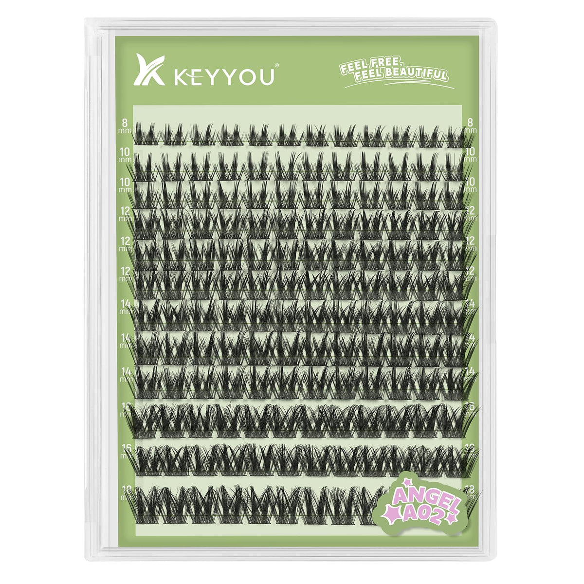 KEYYOU front packaging showing Angel Lash Clusters and mixed lengths for variety