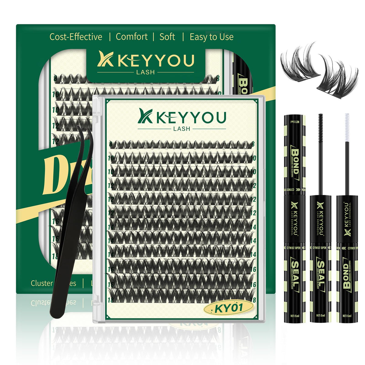 KEYYOU front packaging showing full lash cluster kit and included tools for easy use