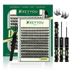 KEYYOU front packaging showing full lash cluster kit and included tools for easy use