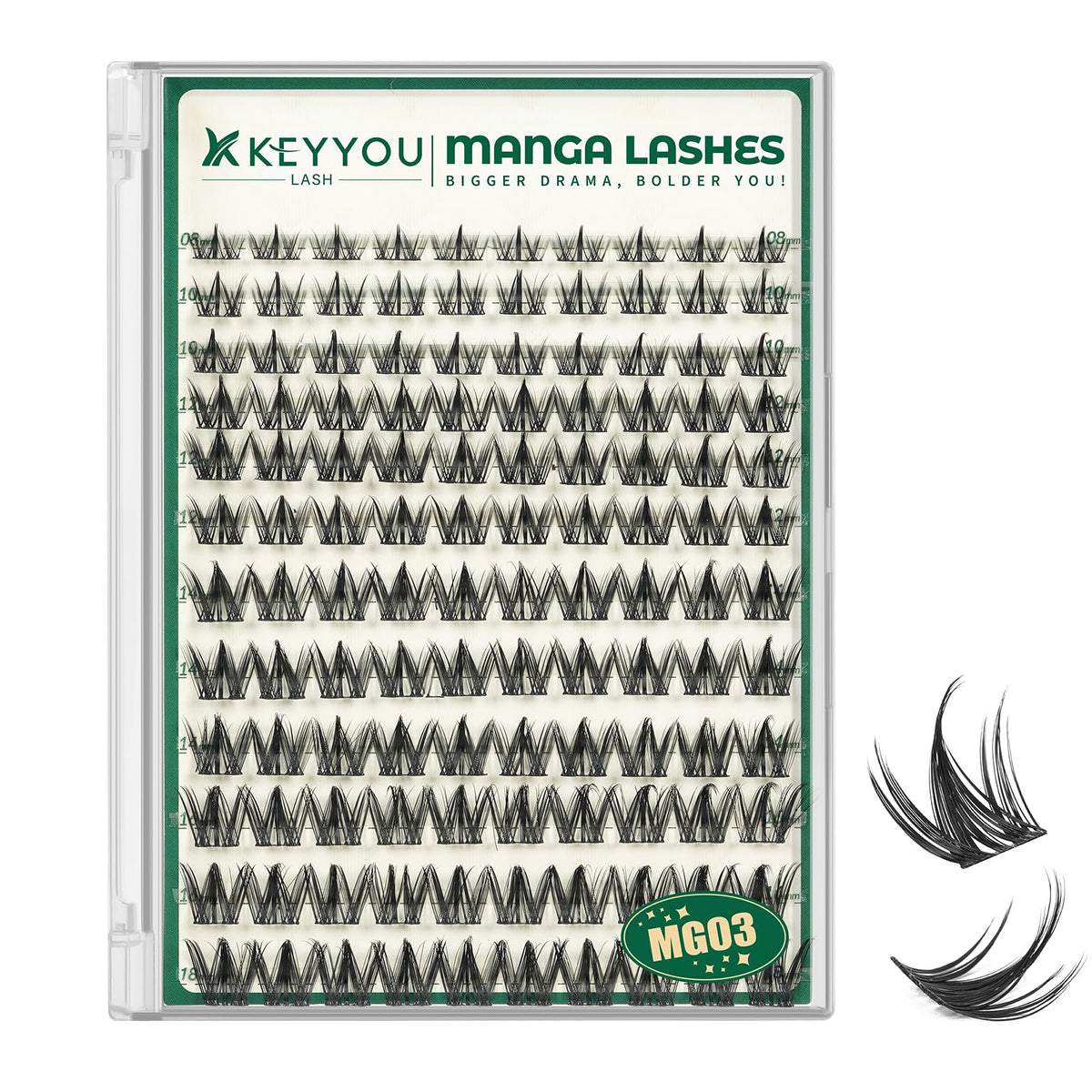 KEYYOU front packaging showing 120-piece manga lash clusters and product benefits