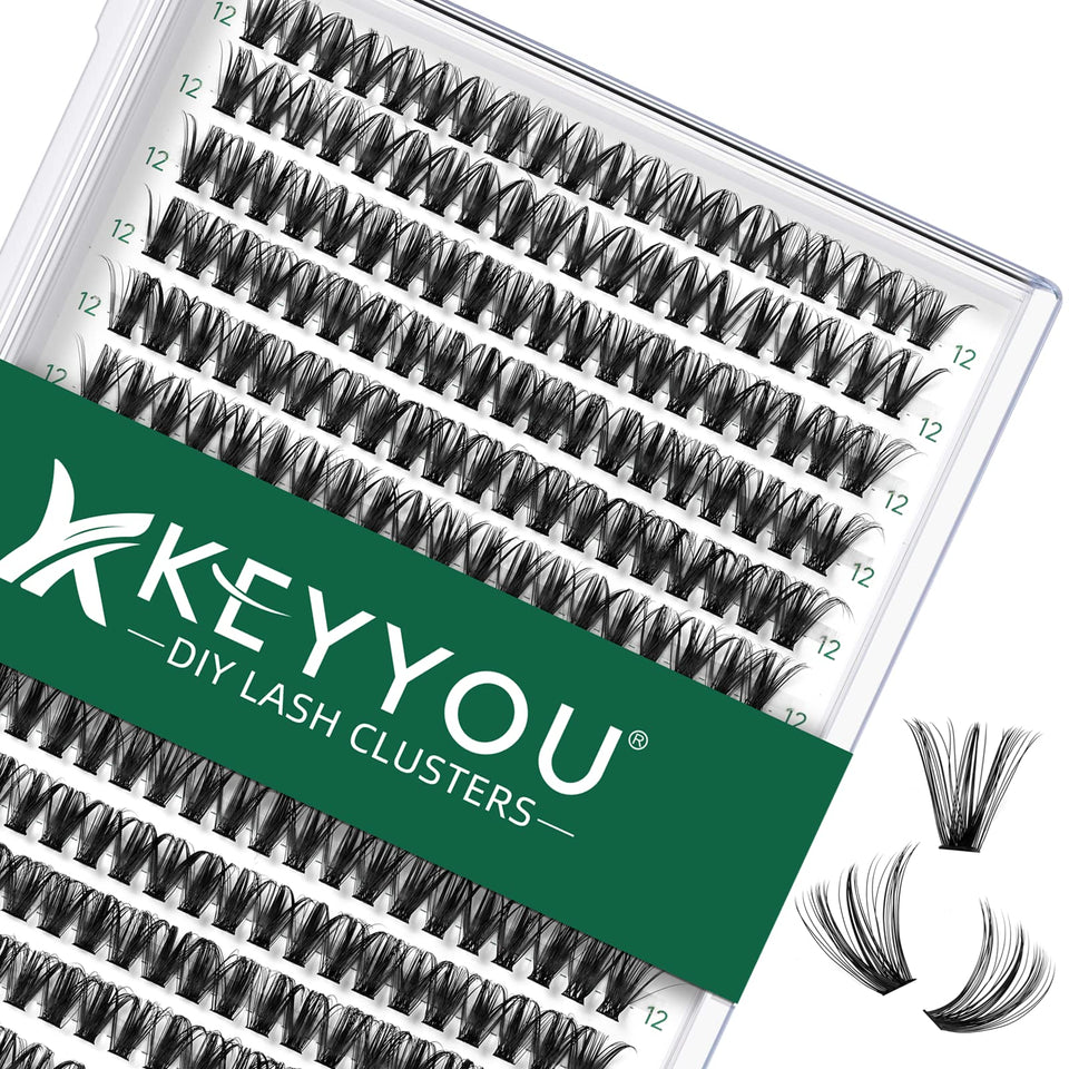 KEYYOU front view of 300pcs cluster tray showing mixed-length lashes for easy DIY volume