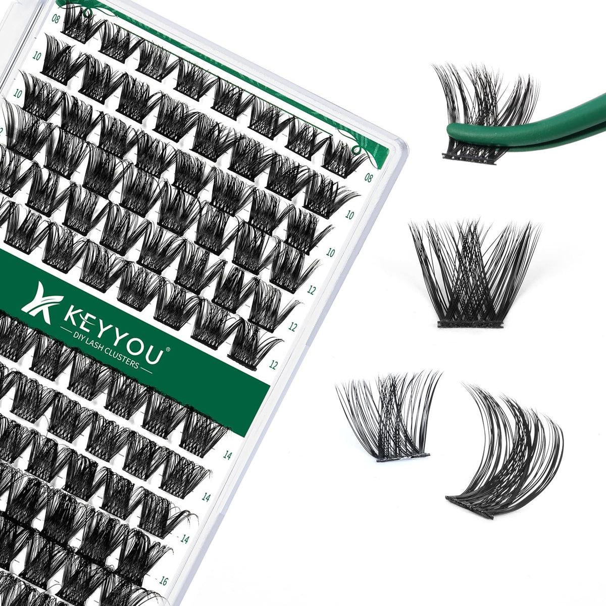 KEYYOU front tray of 96 D-curl lash clusters showing mixed lengths and layout, versatile styling