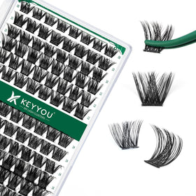 KEYYOU front tray of 96 D-curl lash clusters showing mixed lengths and layout, versatile styling