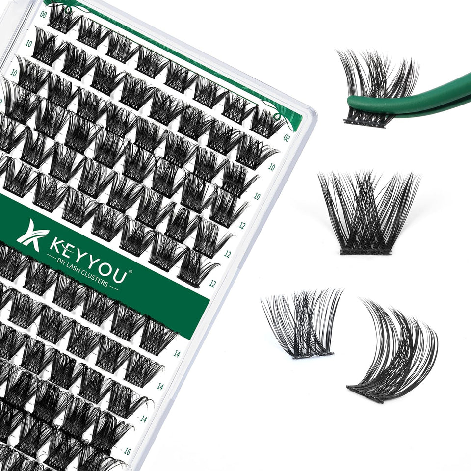 KEYYOU front tray of 96 D-curl lash clusters showing mixed lengths and layout, versatile styling