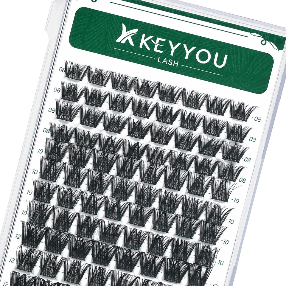 KEYYOU front tray of 96 lash clusters showing D curl and mixed lengths, easy styling