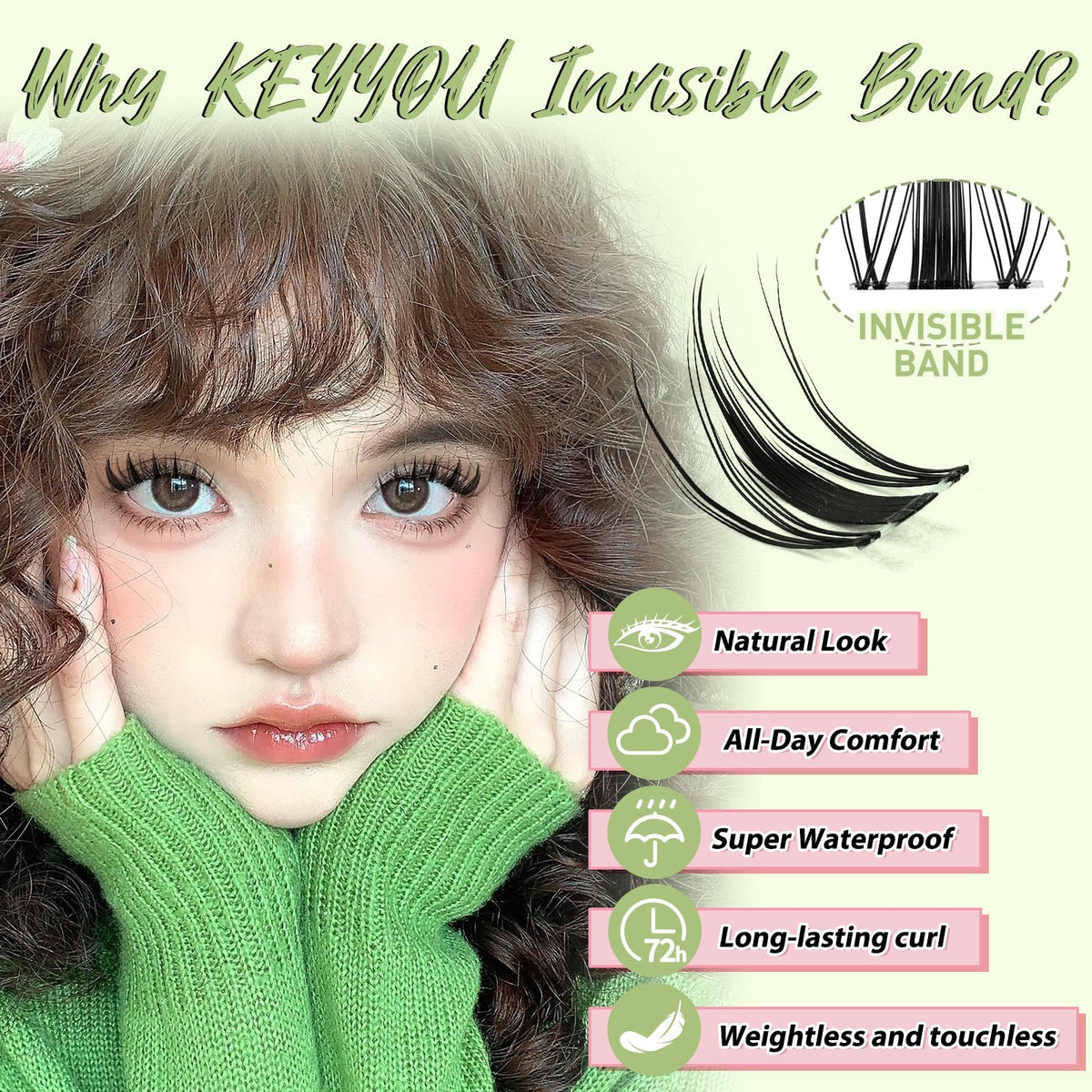 KEYYOU lash kit contents laid out: glue, sealer, remover oil, brush and cluster strips for convenience