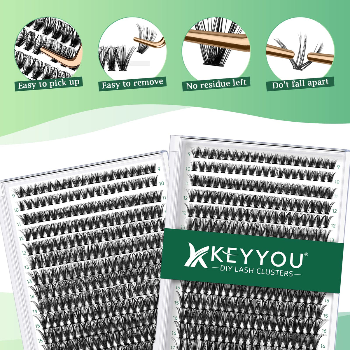 KEYYOU lengths comparison from 9mm to 18mm displayed for customized lash shaping