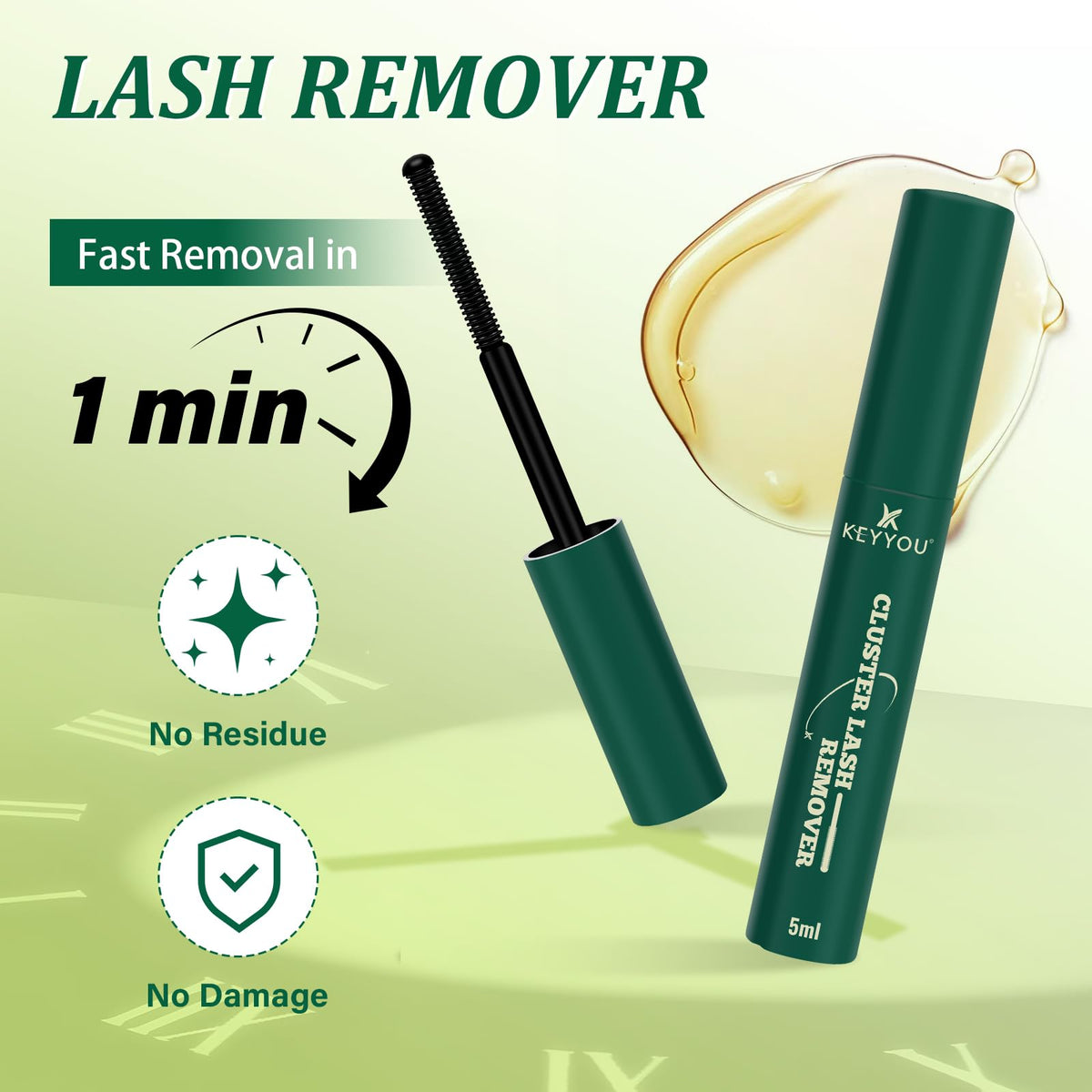 KEYYOU remover oil bottle showing gentle adhesive removal and cluster preservation
