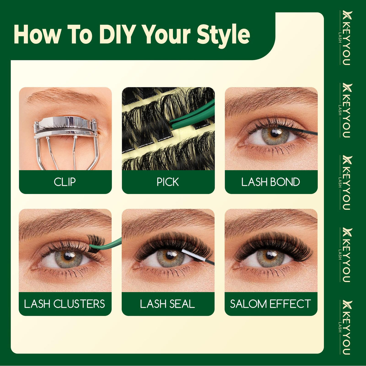 KEYYOU clusters beside a ruler showing size options for tailored lash styling