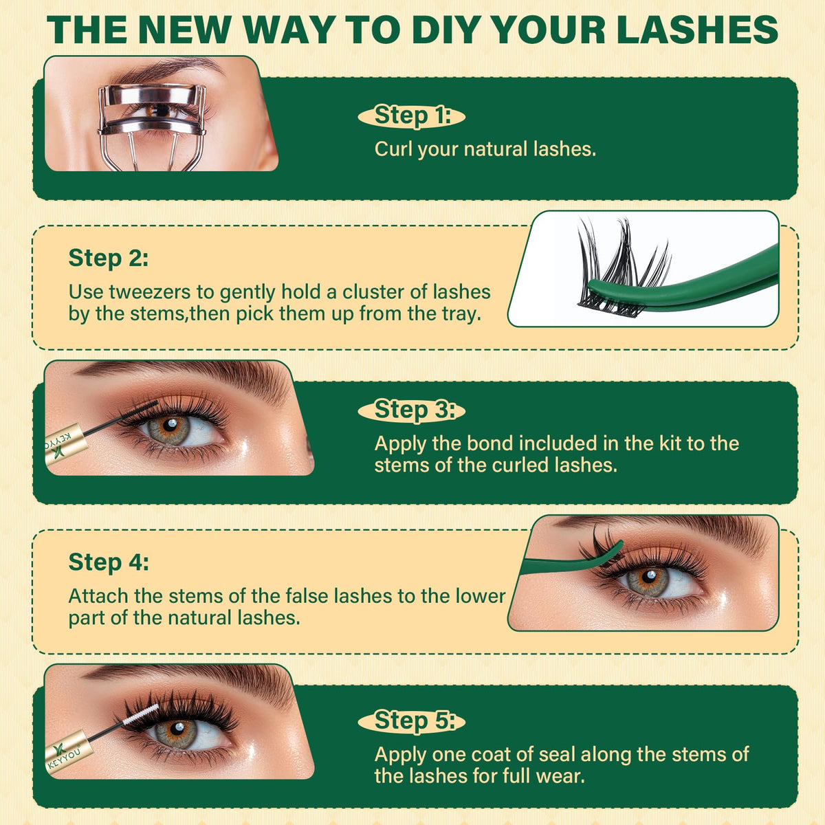 KEYYOU lash clusters beside ruler showing 8–18mm mixed lengths for customization